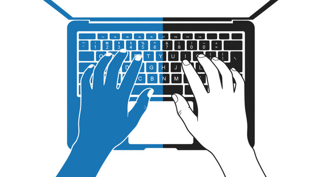 Hands Typing on Laptop Keyboard, Blue and White Contrast, Digital Communication Concept