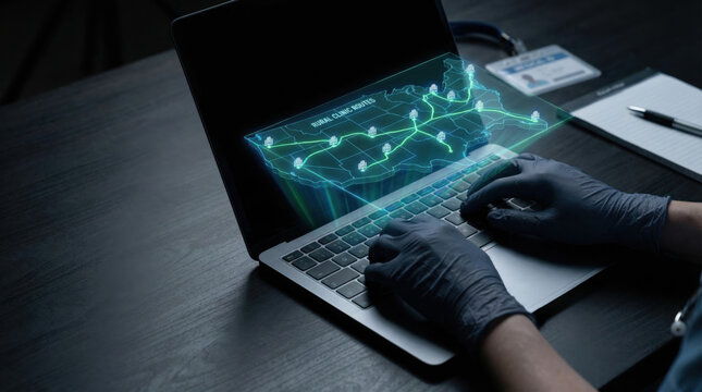 Rural clinic routes map hologram projected on laptop with hands typing, healthcare technology concept with digital network visualization
