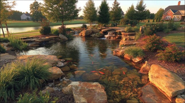 Residential landscape features an ornamental pond with a small waterfall and colorful aquatic life