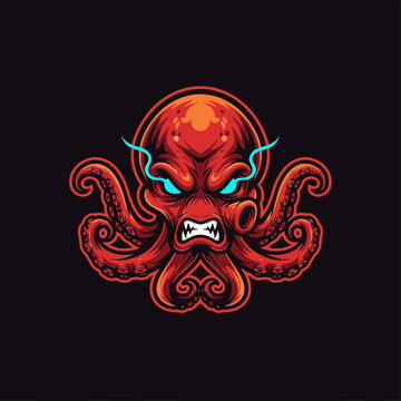 Red octopus head with glowing blue eyes and sharp teeth on black background