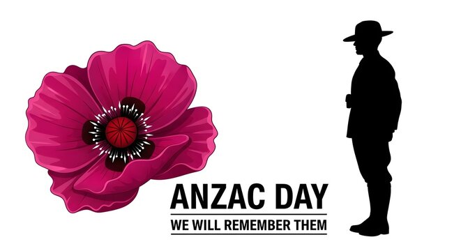 Anzac day remembrance concept with a red poppy flower and a silhouette of a soldier in a slouch hat