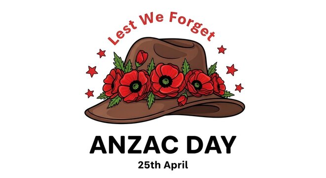 Anzac day commemorative design featuring a slouch hat adorned with red poppies and the text lest we forget