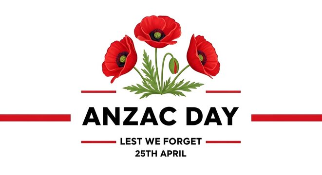 Anzac day banner with red poppies and lest we forget text