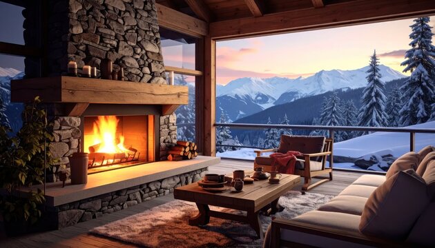 Cozy Mountain Cabin Balcony with Fireplace and Scenic Winter View.