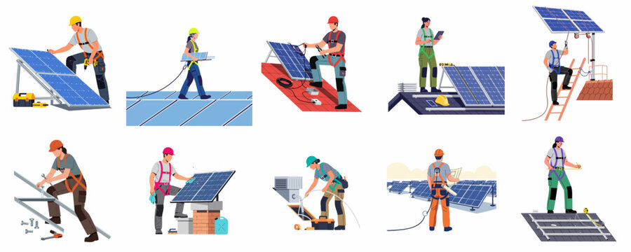 Set of flat illustrations showing professional technicians installing, maintaining, and cleaning solar panels on rooftops and solar farms for sustainable green energy.