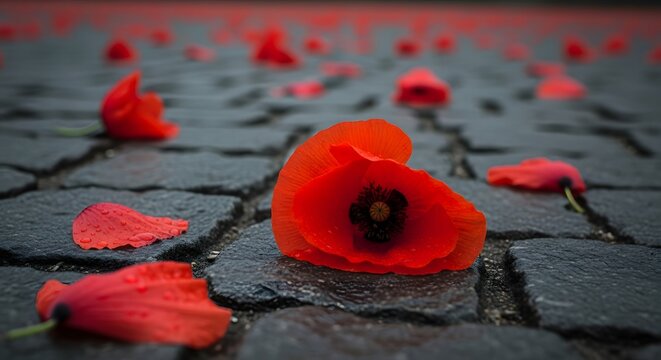 Red poppy flowers on cobblestone street, symbol of remembrance for anzac day and armistice day