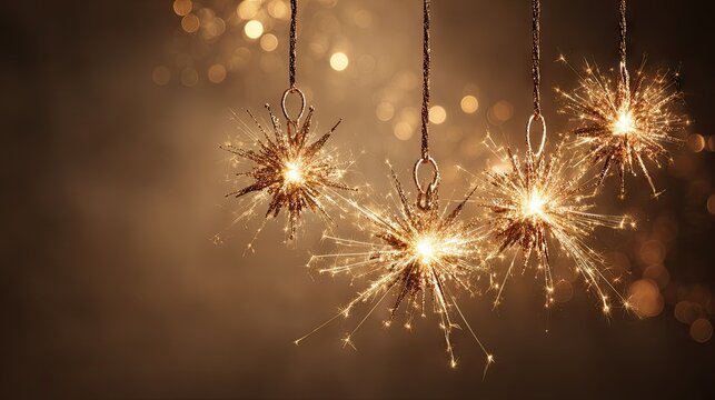 Sparkling gold firework decorations hang suspended against a warm brown background with soft light effects.