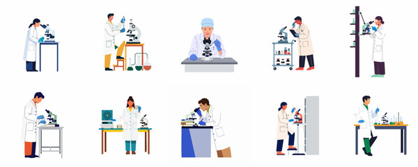 Fototapeta premium Collection of diverse scientists and researchers working with microscopes and laboratory equipment, isolated flat vector illustrations for scientific and medical projects.