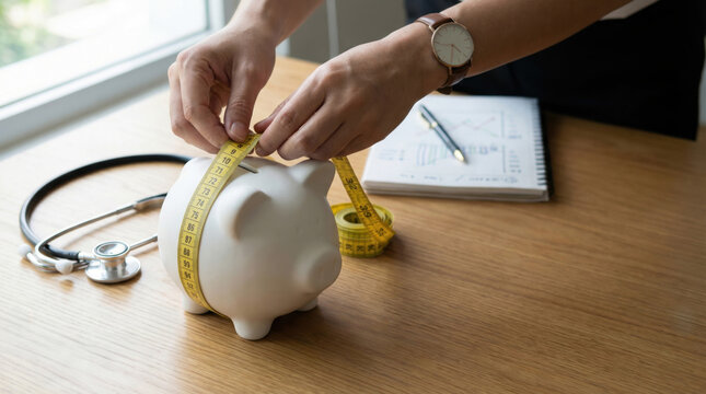 Person measuring white piggy bank with yellow tape on wooden table with stethoscope and notebook, symbolizing financial health and budgeting
