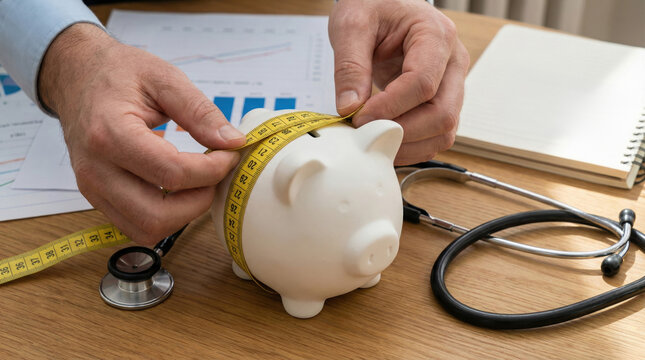 Measuring tape wrapped around white piggy bank with stethoscope and financial charts on wooden table showing health cost concept