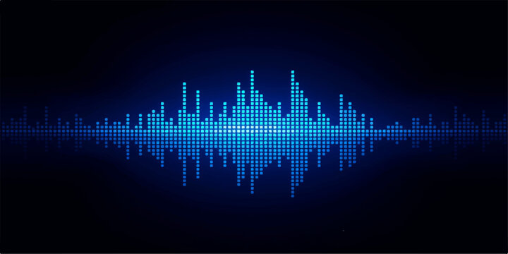 Abstract blue sound wave equalizer background with digital graph lines and financial data city concept