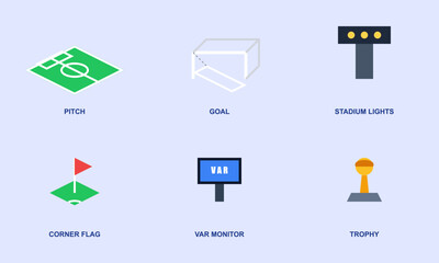 Hand-drawn isometric soccer stadium field elements featuring pitch goal lights corner flag var monitor and trophy authentic illustration © isolatedgenerativeai