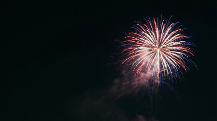 Fototapeta premium Patriotic red white and blue firework bursting in dark night sky with copy space