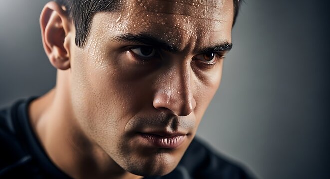 Man with Sweat on Face Closeup Portrait.