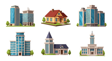 Obraz premium Set of six diverse building icons including modern glass office skyscrapers, a suburban residential house with red roof, corporate high-rises, and a neoclassical government building.