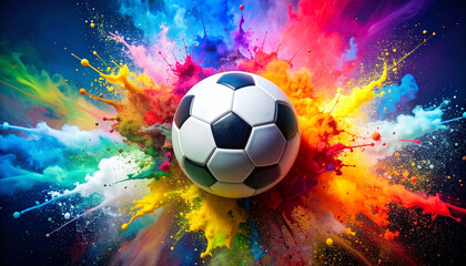 Naklejka premium サッカーボールと虹色の粉末爆発・ダーク背景