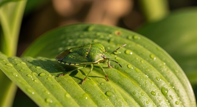 Green Stink Bug Resting on a Dew-Kissed Leaf in Morning Sunlight.