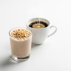 Obraz premium Healthy breakfast smoothie with granola and a cup of black coffee.