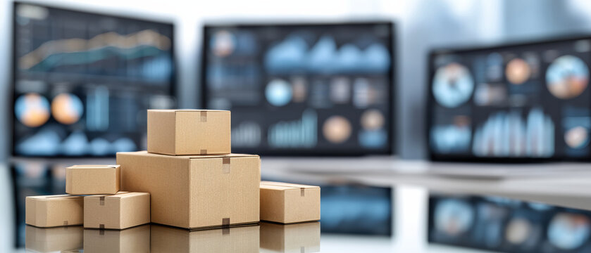 Cardboard box logistics concept with stacked parcel on desk showing analytics and operations