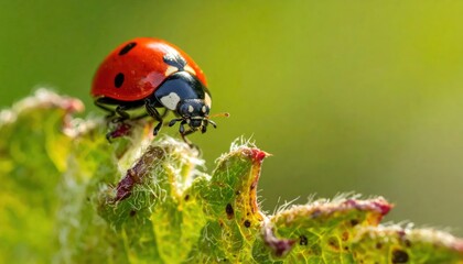 Obraz premium Close-up Macro Shot of a Red Ladybug on a Green Leaf.