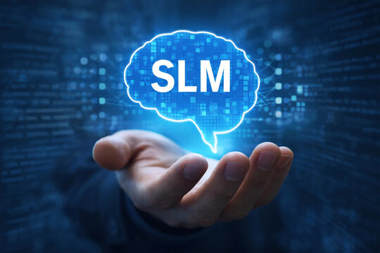 Businessman interacts with SLM AI brain interface showing neural network tech.