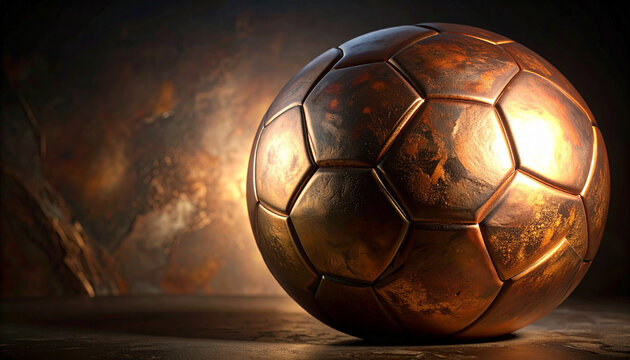 煙とスパークを背景にしたアンティーク風ブロンズサッカーボール・斜め構図
