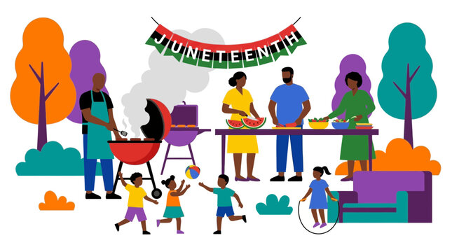 African American Family Celebrating Juneteenth BBQ Flat Illustration