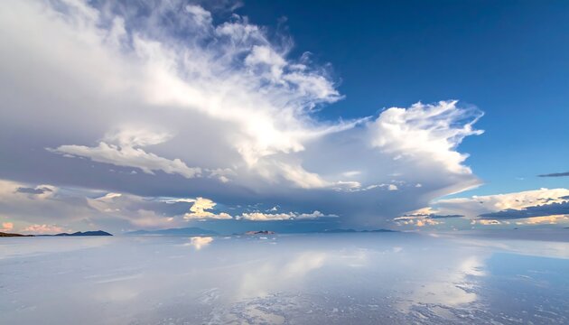 Expansive reflective salt flat mirrors a vibrant sky filled with towering clouds under bright blue skies