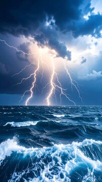 Dramatic depiction of a thunderstorm over a churning ocean. Forked lightning illuminates turbulent waves under a darkening, ominous sky. Intense visual of natural power