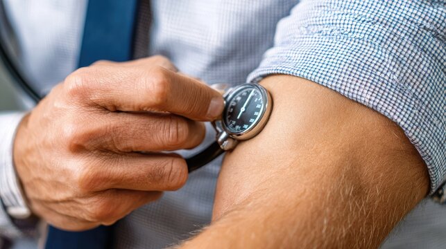 Medical professional carefully checks a patient's arterial pressure reading using an aneroid device