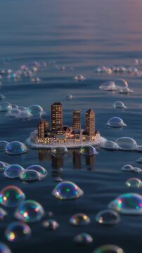 Miniature City Floating on Iridescent Bubbles Generative AI