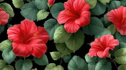 Keuken achterwand Per kleurpatroon patronen Vibrant red tropical blossoms and lush green foliage create an exotic repeating pattern on a dark background.  © Hr