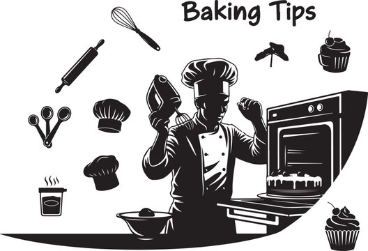Black and white of chef with baking tools and treats