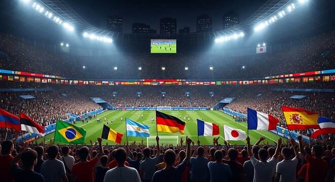 World Cup atmosphere, packed international stadium, flags from various countries, global competitive spirit, intense lighting, cinematic style, high definition.