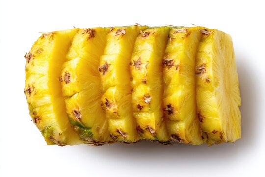 Close-up of a perfectly sliced fresh tropical pineapple fruit, showcasing vibrant yellow flesh and intricate texture