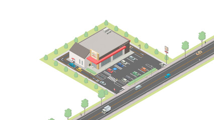 Fototapeta premium アイソメトリック図法で描いたファーストフード店のイメージ / Fast food restaurant. Isometric illustration