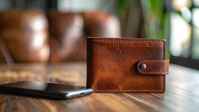 Leather Wallet and Smartphone on Wooden Table Modern Lifestyle