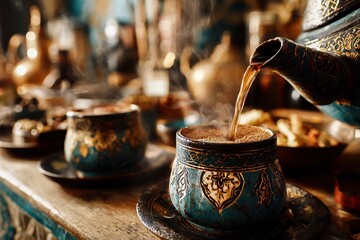 Elegant steam rises from a beautifully ornate teapot, pouring into artisanal ceramic cups on a rustic table.