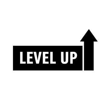 Black and white vector graphic illustration of a level up concept with an arrow pointing upwards, symbolizing success, progress, and achievement in business, marketing, or gaming.