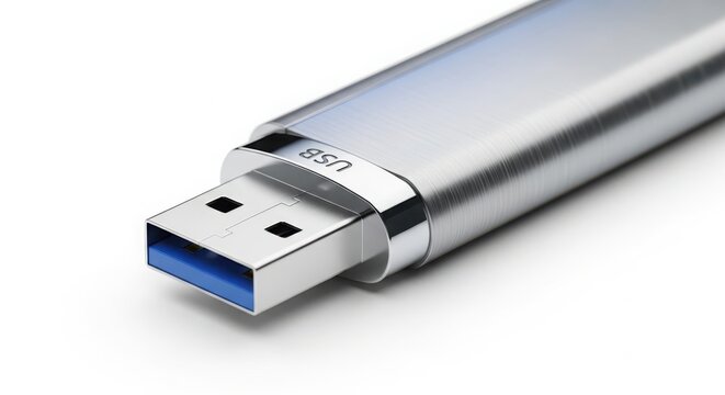 A close-up view of a sleek silver USB flash drive on a white background