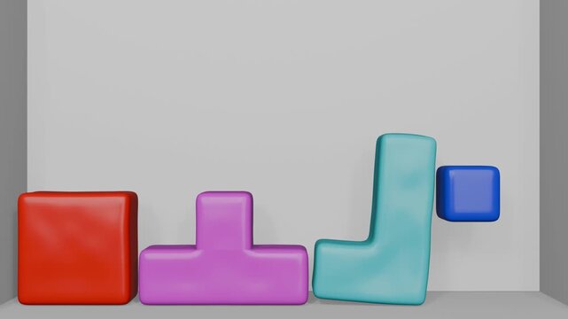 Colorful plastic building blocks transition progressively stack and arrange on a bright grey background, showcasing various shapes for overlay on video