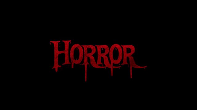 The chilling word 'Horror' displayed in a bloody dripping font against a black background, evoking a sense of dread and suspense