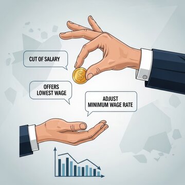 Hand giving coin to another hand with speech bubbles about salary cuts and minimum wage adjustments, depicting economic challenges and labor market issues.