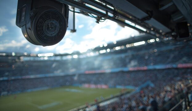 Close-up of a security camera overlooking a sports stadium with a blurred background of the field and stands.