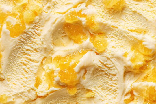 Creamy vanilla ice cream swirled with bright yellow fruit pieces and textured details