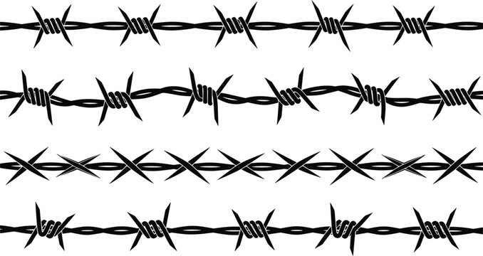 Black silhouette collection of horizontal barbed wire rows and razor wire segments for security border and prison fence design elements