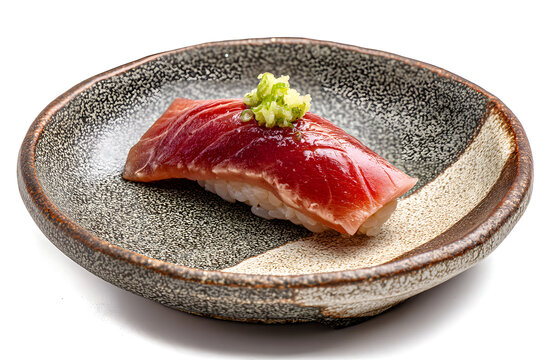 Premium Chutoro Medium Fatty Tuna Nigiri Piece Resting on Elegant Plate with Wasabi Garnish