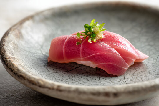 Premium Chutoro Medium Fatty Tuna Nigiri on Rustic Plate with Garnish Enhancing Sushi Experience