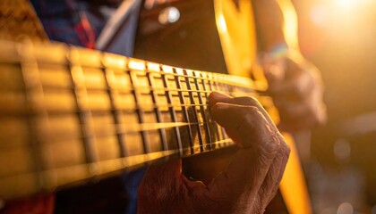 Fototapeta premium Close-up of a musician playing a bass guitar with warm lighting.
