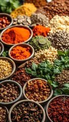 Fototapeta premium A collection of exotic spices and herbs in small bowls, creating an aromatic and colorful display for culinary inspiration, appetizing, sensory experience